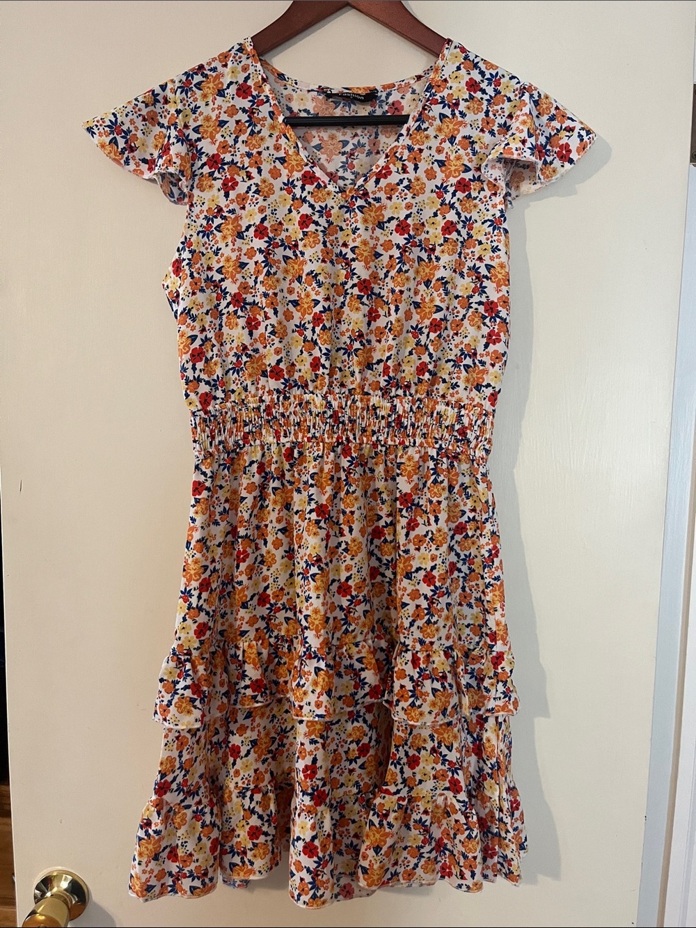 Floral Tiered Dress in White with Yellow & Red Flowers
